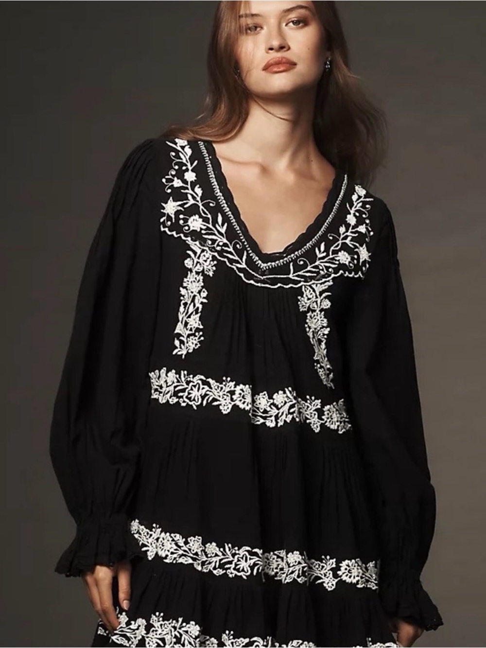 Anthropologie Black Embroidered V-Neck Mini Dress - Picture 2 of 5